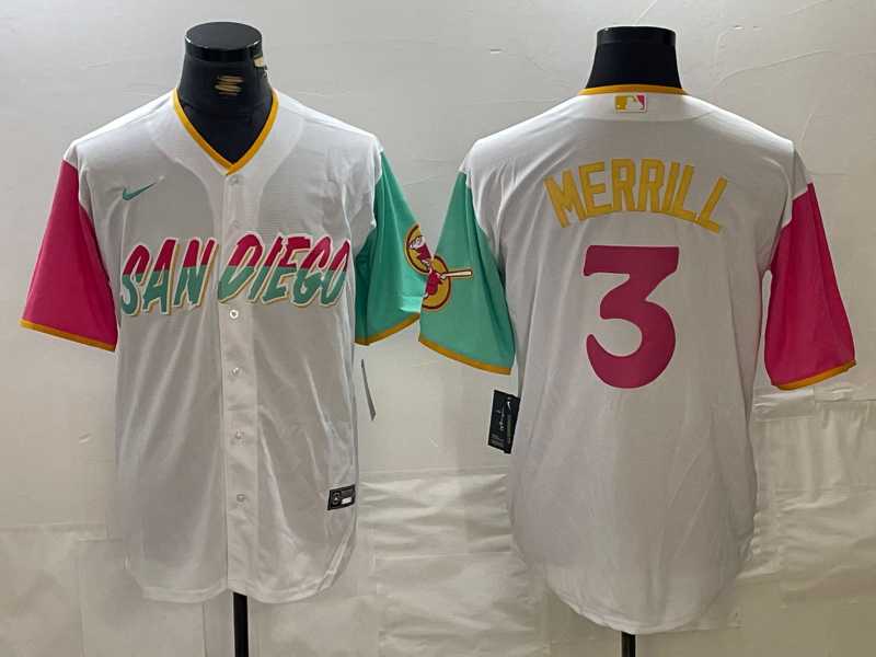 Men%27s San Diego Padres #3 Jackson Merrill White 2023 City Connect Cool Base Stitched Jersey